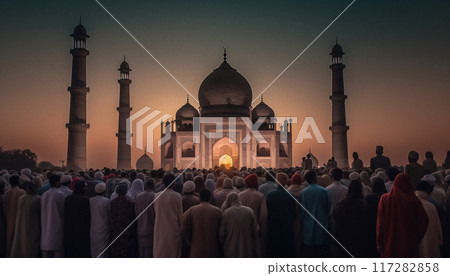 The end of the month of Ramadan, Many believers at the mosque. Generative AI 117282858