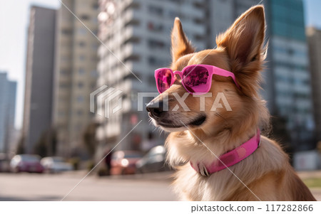 Dog pet in sunglasses walks through the city streets. Generative AI Dog pet in sunglasses walks through the city streets. Generative AI 117282866