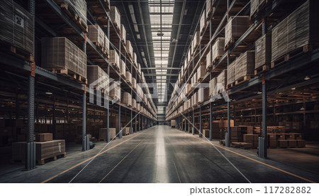 Modern warehouse with racks, boxes and containers, AI generated 117282882