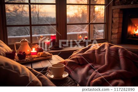 Cozy home with sofa and fireplace, panoramic windows and coffee, winter vibe concept Cozy home with sofa and fireplace, panoramic windows and coffee, winter vibe concept 117282890