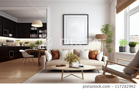 Frame mockup empty on wall in living room with sofa and houseplants. Generative AI 117282962