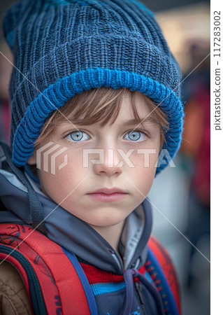 Blue-Eyed Boy in Beanie with Backpack 117283002