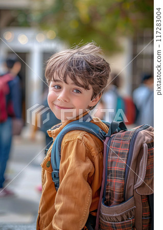Happy Boy with Backpack at School Entrance 117283004