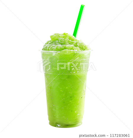 Green slushie in a clear cup with a lime slice, perfect for a refreshing summer drink isolated on white 117283061