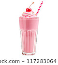 Strawberry milkshake topped with whipped cream and a red straw isolated on white background 117283064