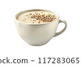 Cup of rich creamy coffee or chai latte with fluffy whipped cream and a sprinkle of cinnamon 117283065