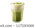 Cup of rich creamy matcha or chai latte with fluffy whipped cream and a sprinkle of cinnamon 117283066