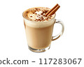 Cup of rich creamy coffee or chai latte with fluffy whipped cream and a sprinkle of cinnamon 117283067