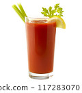 A tall glass of tomato juice beautifully garnished with fresh herbs, ideal for healthy drinks 117283070