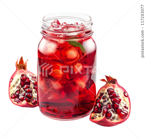 Tall glass of pomegranate juice with fresh seeds isolated on white transparent background Tall glass of pomegranate juice with fresh seeds isolated on white transparent background 117283077