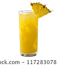 Fresh pineapple juice and ice cubes in a tall glass isolated on white transparent background. 117283078