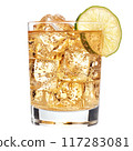 Ginger ale with ice cubes and lime at the rim isolated on white transparent background. 117283081