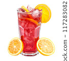 Savor a refreshing iced raspberry beverage with fruit and mint under the warm summer sun 117283082