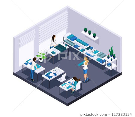 High-quality isometric. Individual tailoring. Sewing room. Seamstresses sew clothes High-quality isometric. Individual tailoring. Sewing room. Seamstresses sew clothes 117283134