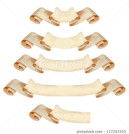Set of vintage blank beige ribbons for decorative text ancient design in various lengths. Watercolor illustration of an scroll manuscript. Rolled paper banner templates in pastel beige, brown colors Set of vintage blank beige ribbons for decorative text ancient design in various lengths. Watercolor illustration of an scroll manuscript. Rolled paper banner templates in pastel beige, brown colors 117283355