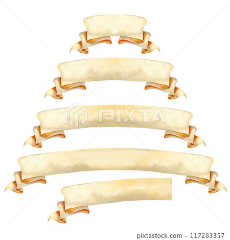 Set of vintage blank beige ribbons for decorative text ancient design in various lengths. Watercolor illustration of an scroll manuscript. Rolled paper banner templates in pastel beige, brown colors Set of vintage blank beige ribbons for decorative text ancient design in various lengths. Watercolor illustration of an scroll manuscript. Rolled paper banner templates in pastel beige, brown colors 117283357
