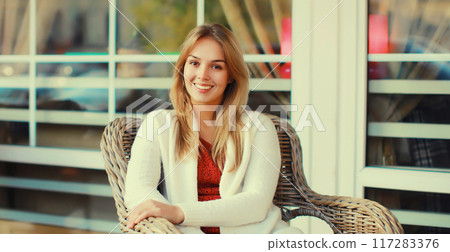 Portrait of beautiful blonde smiling young woman sitting on chair waiting in city cafe 117283376