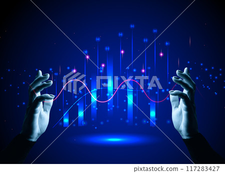 Virtual neon graph and female hand, profit analysis and sales growth dynamics, blue background 117283427