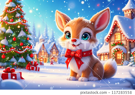 Adorable fox with red bow on neck. 117283558