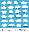 White cartoon clouds on blue sky with shadows 117283596