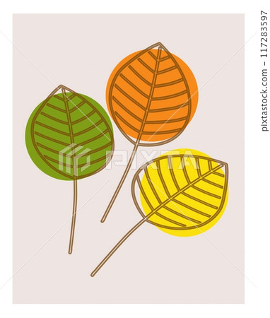 This artwork features three leaves in green, orange, and yellow, highlighting their distinctive shapes and pronounced veins. This artwork features three leaves in green, orange, and yellow, highlighting their distinctive shapes and pronounced veins. 117283597