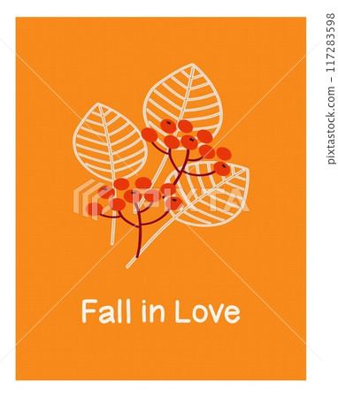 A colorful autumn illustration showcases leaves and berries with a playful message about love on a bright orange background. 117283598