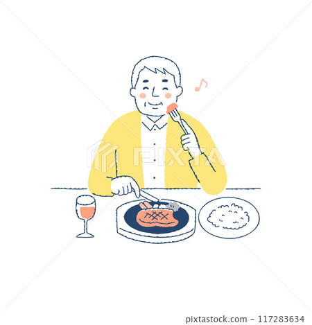 一個男人正在美味地吃牛排 117283634