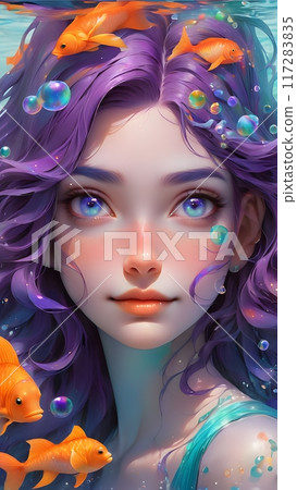young anime girl with long, flowing purple hair, submerged in water, with her head and shoulders visible young anime girl with long, flowing purple hair, submerged in water, with her head and shoulders visible 117283835