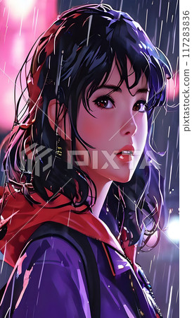 young woman with long black hair, standing in the rain, wearing a purple jacket with a red hood young woman with long black hair, standing in the rain, wearing a purple jacket with a red hood 117283836
