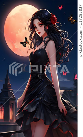 young woman standing in front of a large, full moon, wearing a black dress with a sweetheart neckline and a red rose in her hair young woman standing in front of a large, full moon, wearing a black dress with a sweetheart neckline and a red rose in her hair 117283837