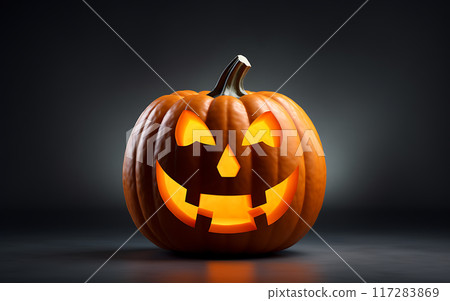 Happy halloween, face carved pumpkin with glowing lights 117283869