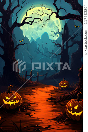 Halloween night castle with pumpkin heads in ominous moonlight 117283894