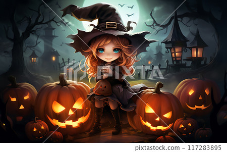 Witch in a cap brews a potion on Halloween night 117283895