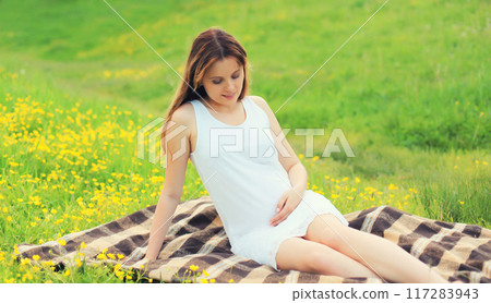 Happy young pregnant woman resting lying on the grass in summer park 117283943