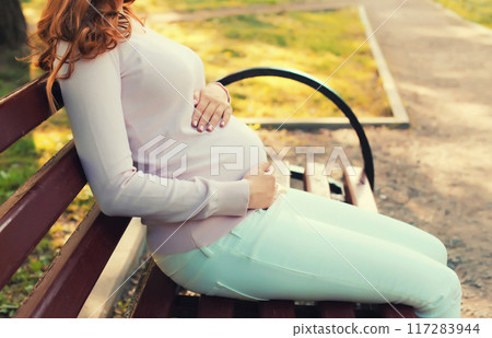 Happy young pregnant woman sitting on bench in summer park 117283944