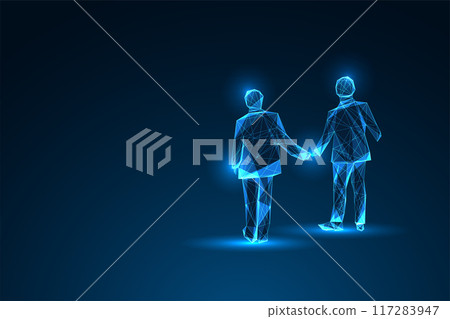 Business agreement abstract concept shows two men silhouette shaking hands on dark blue background.  117283947