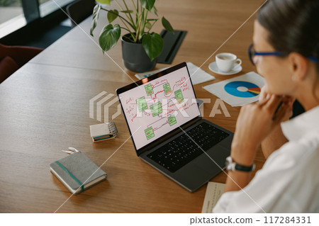 A Professional Workspace featuring a Laptop and Tools for Mind Mapping and Creativity A Professional Workspace featuring a Laptop and Tools for Mind Mapping and Creativity 117284331