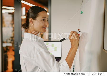 A Professional Woman Engaged in Writing Ideas on a Whiteboard in a Modern Office Setting 117284345