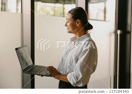 A Professional Woman is Working on Her Laptop in a Modern Office Environment with Style and Focus 117284393
