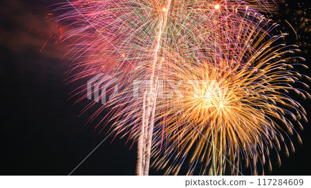 A seasonal sight in summer: huge fireworks bursting into the night sky (Todabashi Fireworks Festival) 117284609