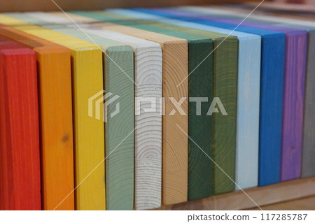 Samples of wood of various colors are displayed Samples of wood of various colors are displayed 117285787