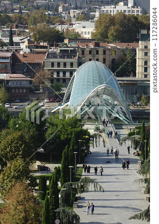 Georgia, Tbilisi, trendy symbol landmark, beautifully deformed green Peace Bridge Georgia, Tbilisi, trendy symbol landmark, beautifully deformed green Peace Bridge 117286044