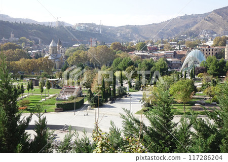 格魯吉亞第比利斯，時尚標誌地標，變形精美的綠色和平橋 117286204