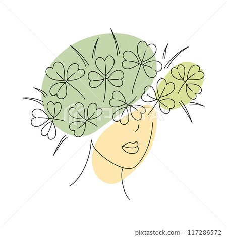 Girl with shamrocks on her head as hairstyle and spots in Irish flag shades. St Patrick day greeting 117286572