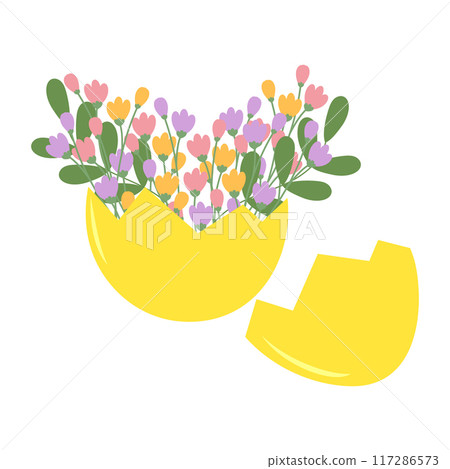 Eggshell part with floral bouquet inside in trendy soft hues. Spring or Easter composition Isolated 117286573