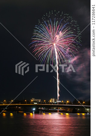 Yamanashi Prefecture/ Lake Kawaguchi Winter fireworks lighting up the night sky 117286641
