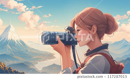 A woman taking pictures of Japanese landscapes with a single-lens reflex camera 117287013
