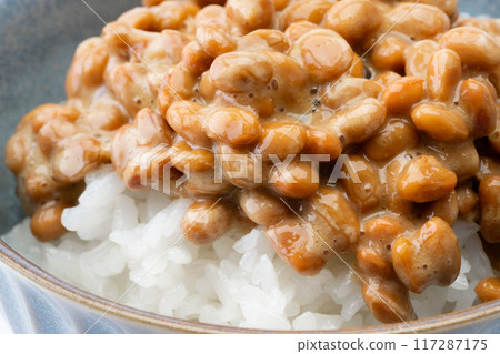 Close-up background of natto on rice Close-up background of natto on rice 117287175