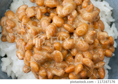 Close-up background of natto on rice Close-up background of natto on rice 117287176
