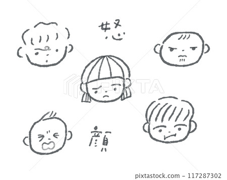 Baby and child line drawing facial expression illustration set (angry face/monochrome) 117287302
